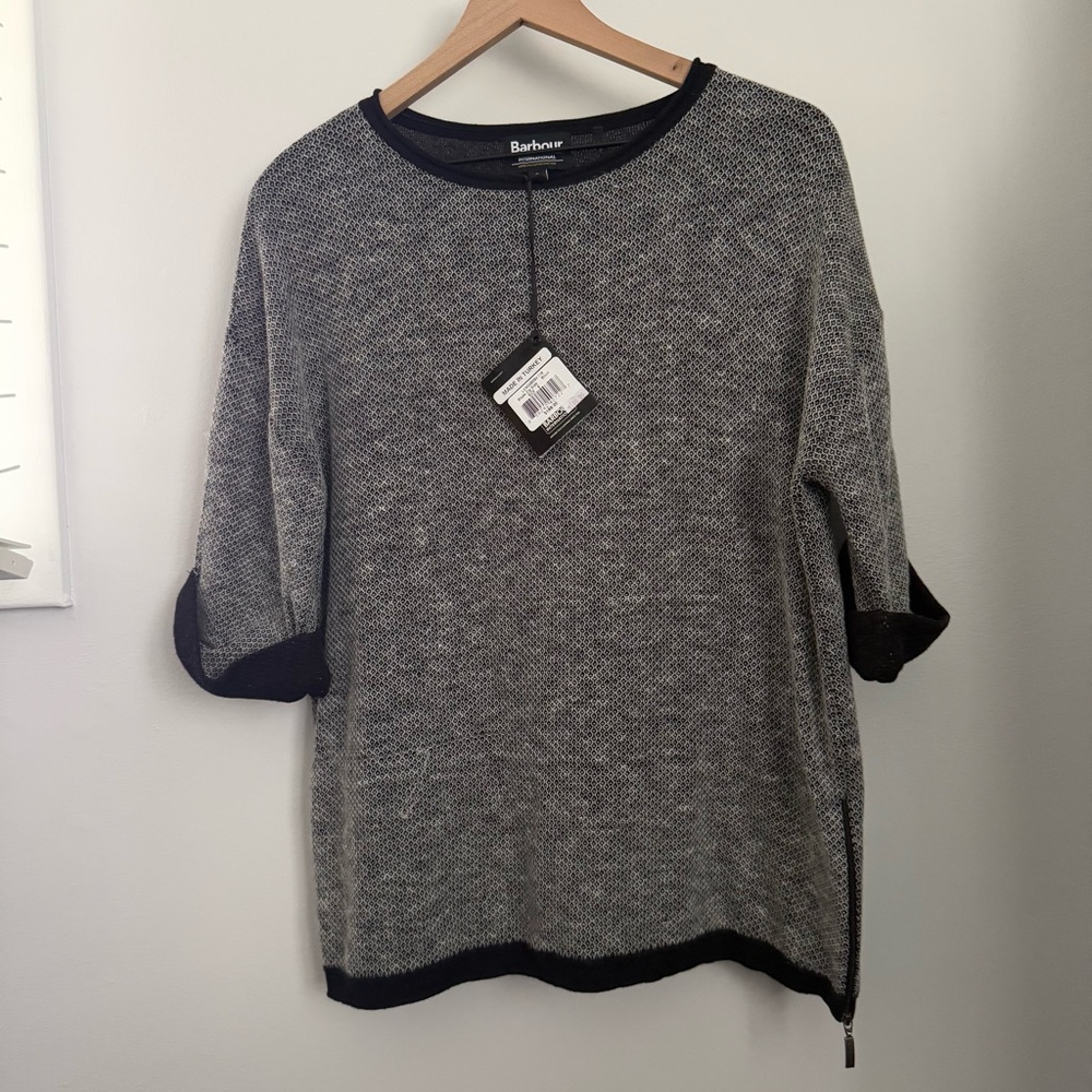Barbour Women’s 8 NEW Textured Knit Cuff Top Honeycomb Black Grey Oversized Boxy